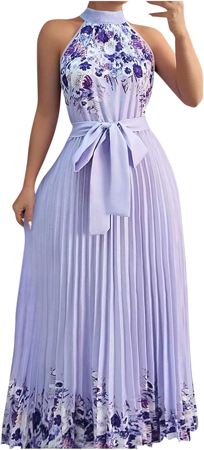 Summer Dresses for Women 2025 Sexy Sleeveless Halter Neck Ruffle Sundress Pleated Tie Waist Beach Vacation Clothes