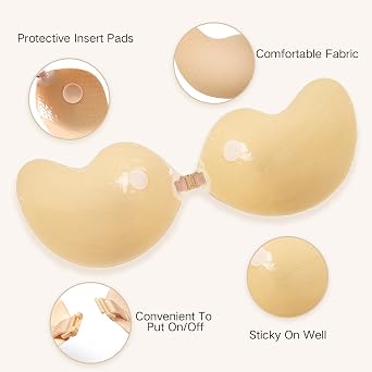 Adhesive Push-Up Bras for Women, Sticky Backless Strapless Invisible Bras for Dresses with Pasties Nude