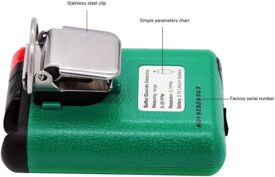 Voltar view of the SMART SENSOR AS8805 Sulfur Dioxide Detector with the stainless steel clip and parameter chart.