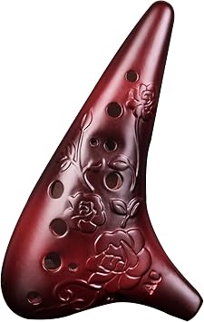 12 Hole Alto Ocarina, Smoked Burned Finish, Rose Engraved Ceramic Wind Instrument Kit with Storage Bag, Lanyard, Mouthpiece, for Beginners and Players, Antique ColorBrown