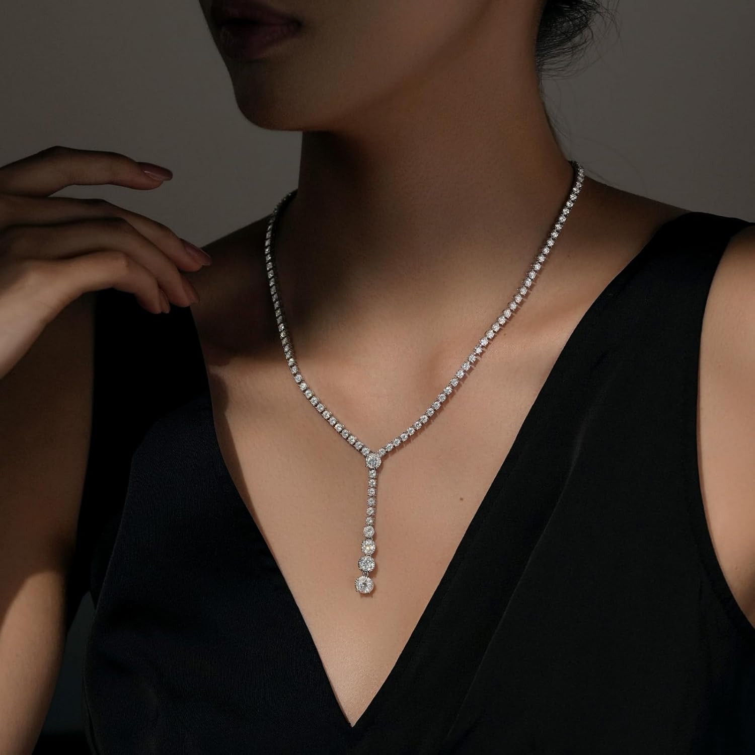 Moissanite Tennis Necklace-for-Women-Wedding-Prom-Jewelry: Lariat 18K White Gold Plated 925 Sterling Silver Rhinestone Simulated Diamond Pendant Long Chain Y Necklaces - Crystal Bridal Gifts - Image 5