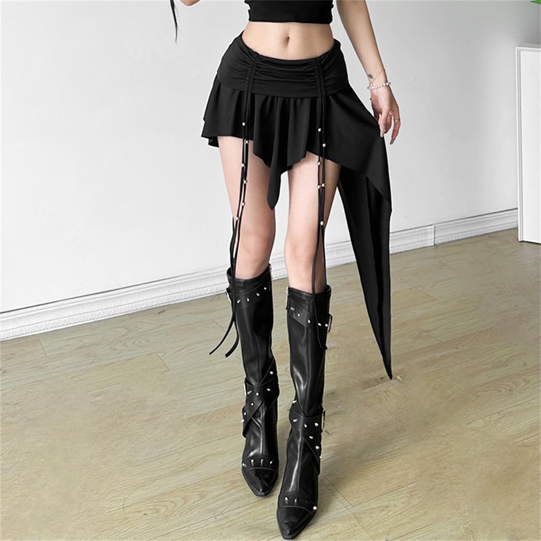 Gothic Women High Waist A Line Skirt Y2K Casual Stretchy Black Ruffle Pleated Flared Skirts