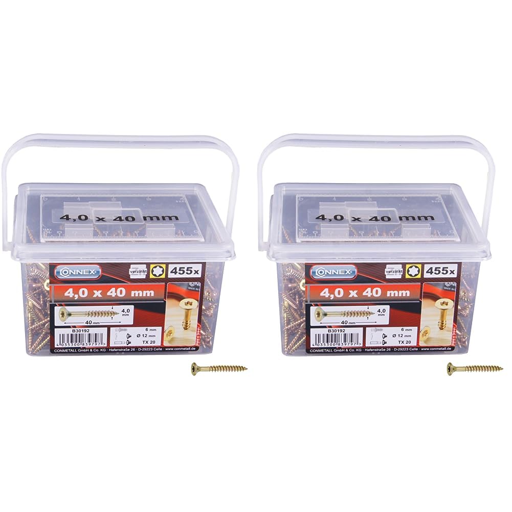 Connex Universalschrauben 4,0 x 40 mm - 455 Stück im Set - Senkkopf - TX-Antrieb - Teilgewinde - Gelb verzinkt/Schrauben-Set/Schrauben-Eimer / B30192 (Packung mit 2)