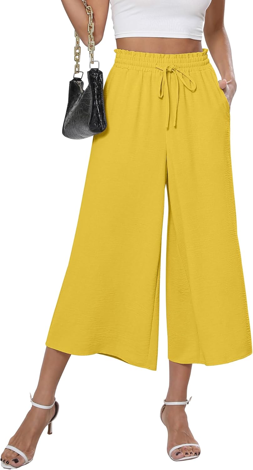 CZYINXIAN Womens Flowy Wide Leg Pants Casual Summer Beach Elastic Waist Trousers Trendy Business Work Pants with Pockets