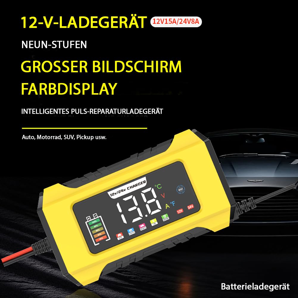 15A Autobatterie Ladegerät, 12V 24V Batterie Ladegerät 9-stufiges Intelligentes Ladegerat Autobatteri mit LCD-Bildschirm für Auto, AGM, Gel Blei-Säure-Batterien und LiFePO4-Batterien