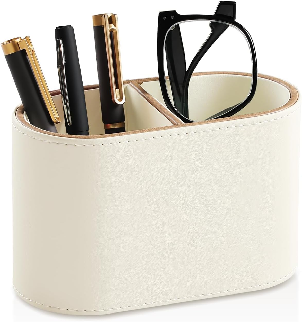 PU Leather Desk Organizer, 2 Compartments, Beige Pen Holder with Velvet Interior for Home School Office Desk Accessories
