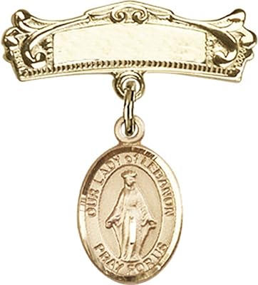 14kt Yellow Gold Baby Badge with Our Lady of Lebanon Charm and Arched Polished Badge Pin 7/8 X 3/4 inches