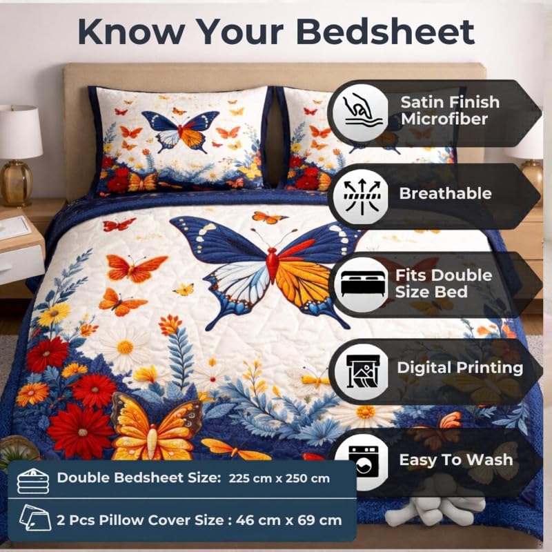 Image of Akshya Double Bedsheet King Size (90x100 Inch) with 2 Pillow Covers | 300 TC Microfiber Soft Bedsheet | Blue Butterfly Printed Designer Bedsheet for Double Bed