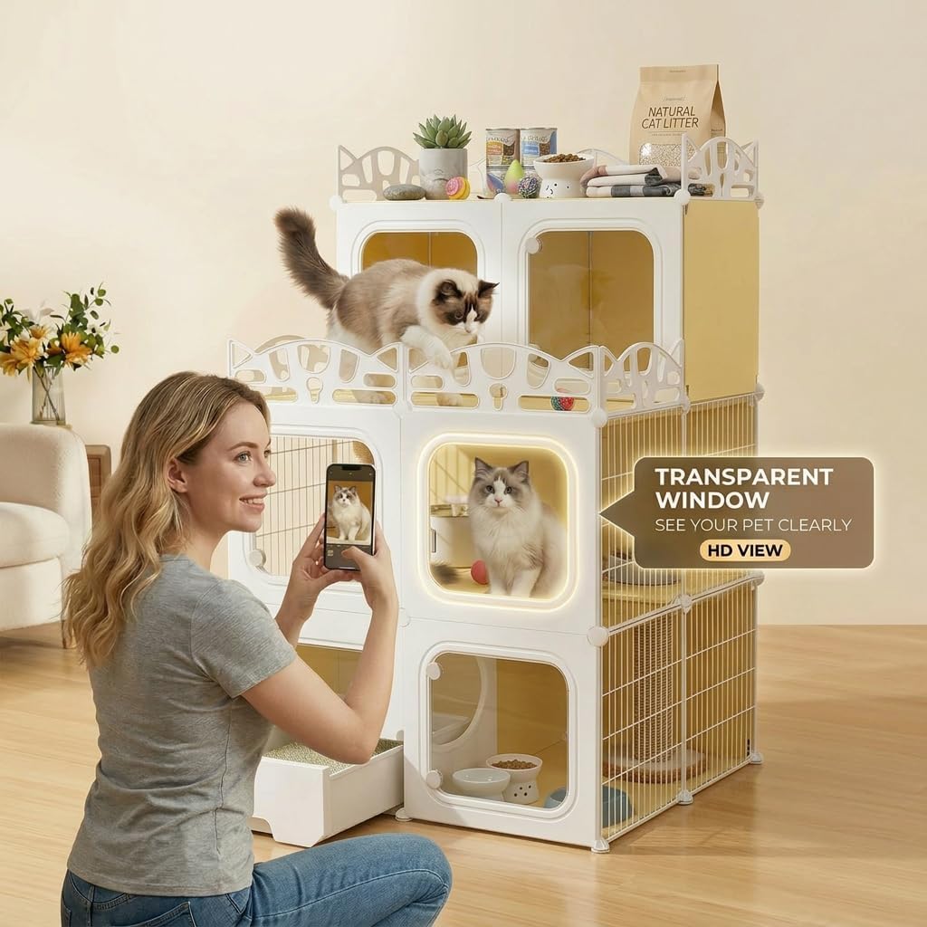 Cat Cage with Built-in Litter Box & Interactive Platform, Top Storage Shelf, Cat Cage Indoor & Outdoor Use, Expandable Cat Playpen