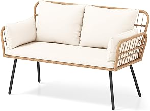 HAPPYGRILL Patio Loveseat Sofa Rattan Wicker 2-Seater Couch with Cushions & Lumbar Pillows, Metal Legs, Outdoor Furniture for Balcony, Porch, Deck (Off White)