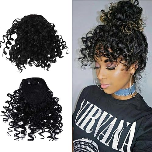 Extensión de cola de caballo con cordón corto negro Afro Puff Kinky Curly Bangs Clip corto para mujeres peluca pieza
