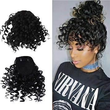 Short Black Afro Puff Drawstring Ponytail Extension Kinky Curly Bangs Clip Short for Women Wig piece