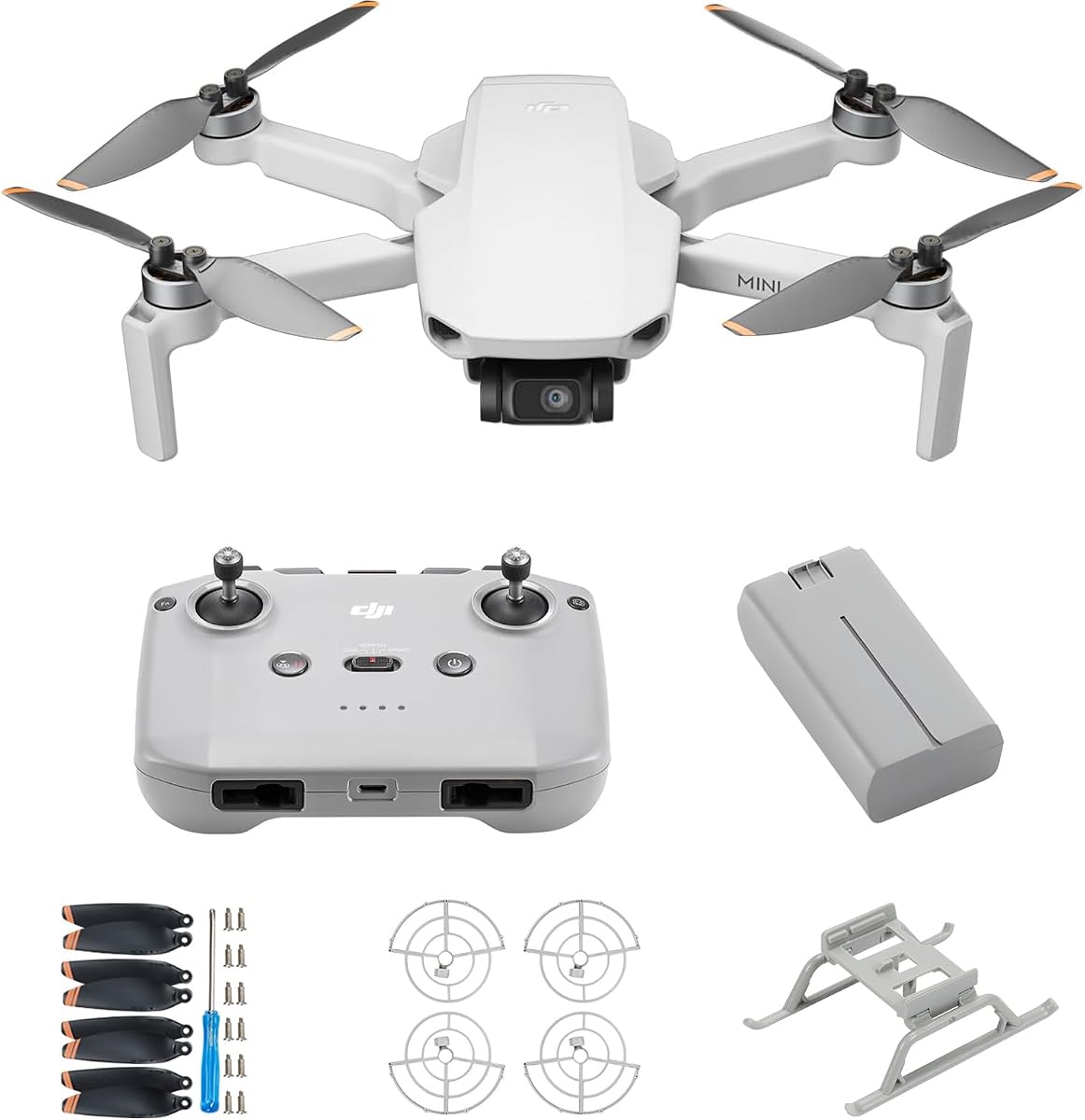 DJI Mini 4K Protection Bundle, Drone con cámara 4K UHD para adultos, Menos de 249 g, Estabilización de cardán de 3 ejes, Transmisión de vídeo de 10 km, Protector de hélice, Tren de aterrizaje, Compatible con hélices