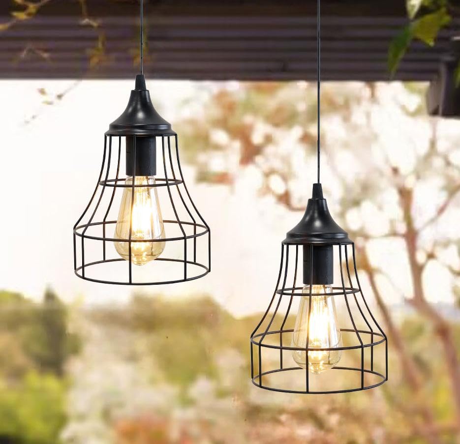 JHY DESIGN Hängelampe 2er Set Batteriebetriebene Dekorative Pendelleuchte Metallkäfig Batterielampe mit 6 Stunden Timer für Bar Schlafzimmer Gartenpartys Terrasse Innen Außen Wohnzimmer (Geometrie)