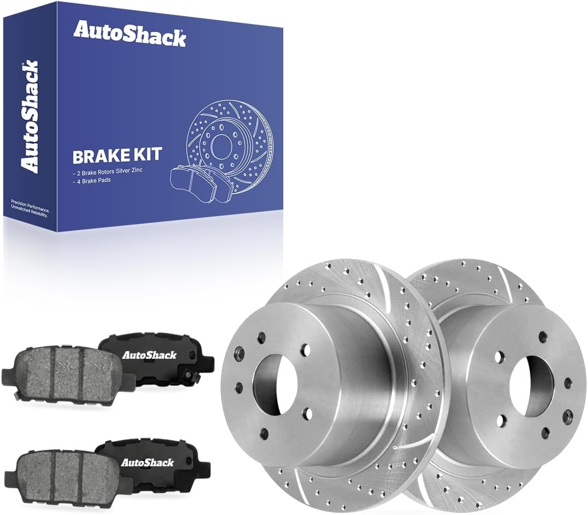 AutoShack Rear Solid Drilled & Slotted Silver Zinc Coated Brake Rotors + Ceramic Pads 6-PC Brake Kit Replacement for 2009-2023 Nissan Altima 2013-2019 Nissan Sentra SilverShield Pro 11.48" (291.6 mm)