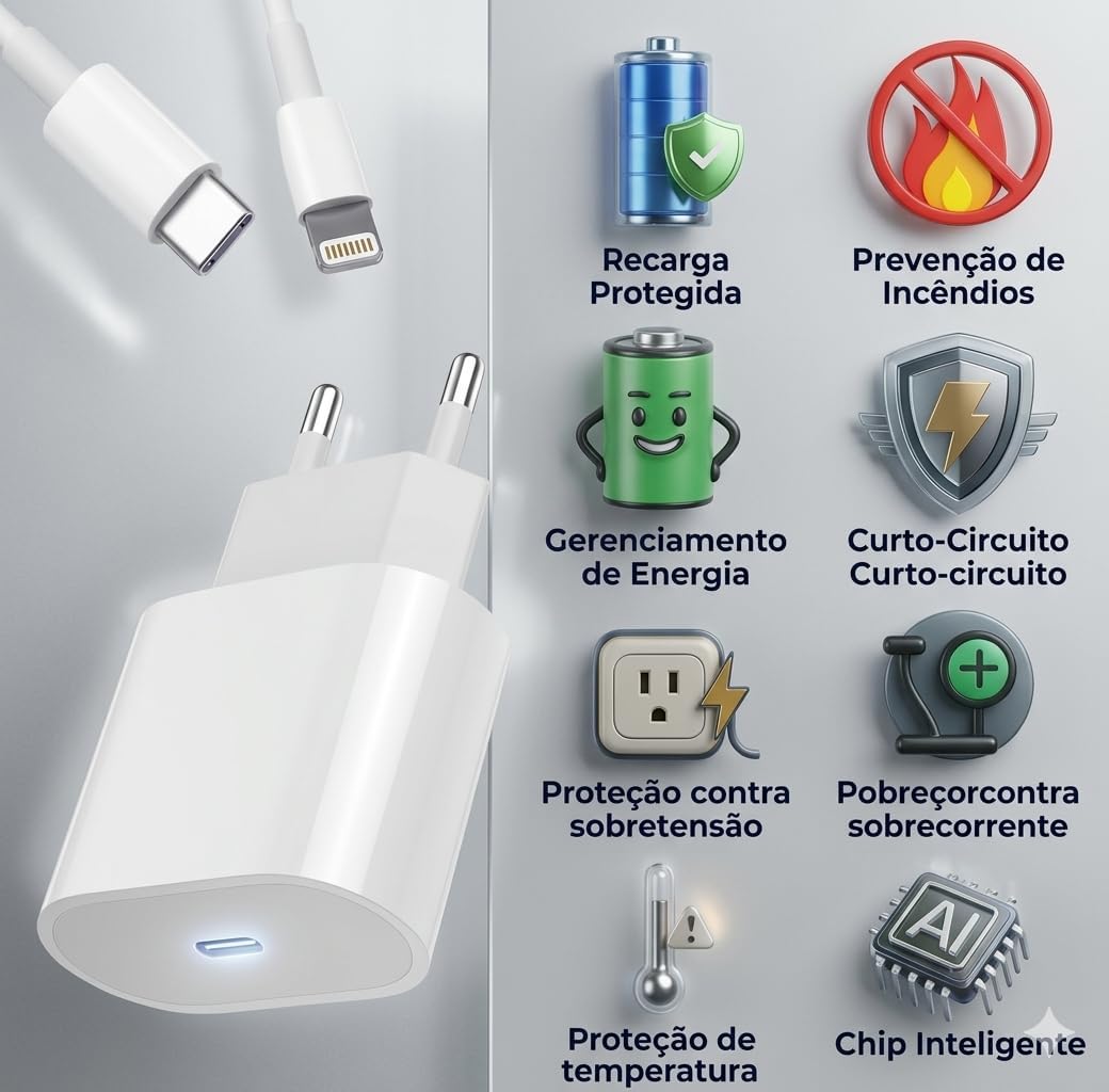 Kit Carregador Turbo 25W Compativel c/I.Phone 8 X Xr 11 12 13 14 Pro Max Linha Premium com Cabo USB-C, Saída iOS + Fonte Carregador Ultra Rápido, Tecnologia Power Delivery