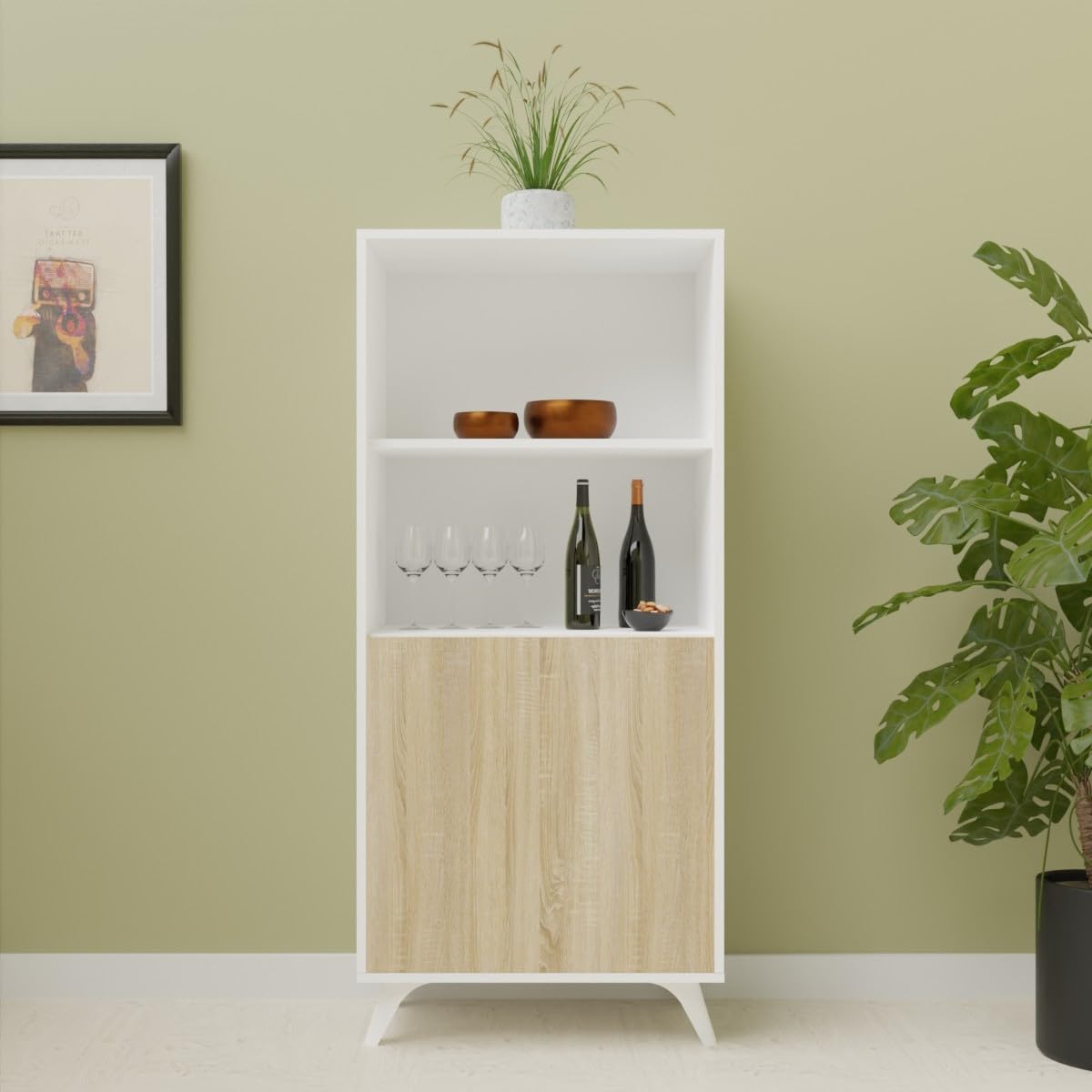 amuéblate Online - Mueble Bar para Salón o Comedor, Modelo Lotus, Práctico y Funcional, Color Blanco-Roble, Fácil de Montar, Medidas: 60 cm (Ancho) x 135 cm (Alto) x 39,6 cm (Fondo)