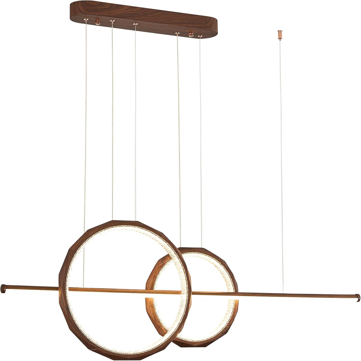 HEYAN Modern Linear LED Farmhouse Pendant Light, 43.3" Walnut Wood Finish Grain 2-Ring Kitchen Island Chandelier, Diamond Cut Acrylic Dining Room Hanging Light, 40W, CRI>90