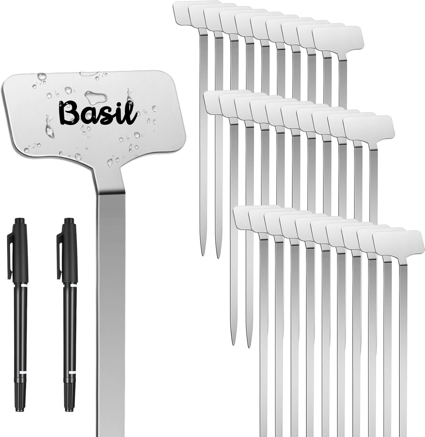 30 Pcs Stainless Steel Plant Labels, Metal Waterproof Plant Markers, Height 12.6 in, Label Area 2.5 x 1.26 in T-Type Reusable Nursery Tags for Vegetable Herb Flower Seed with 2 Pens