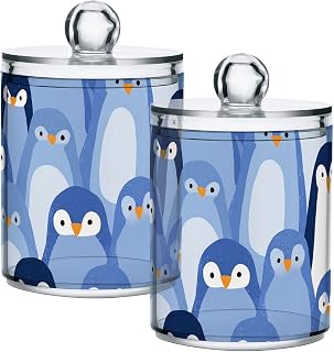 Clear Plastic Qtip Holder with Lid, Dustproof Waterproof Penguins Family Storage Canister for Cotton Swabs, Balls, Floss, Hair Ties, Bathroom Vanity Counter Organizer 2 Pack