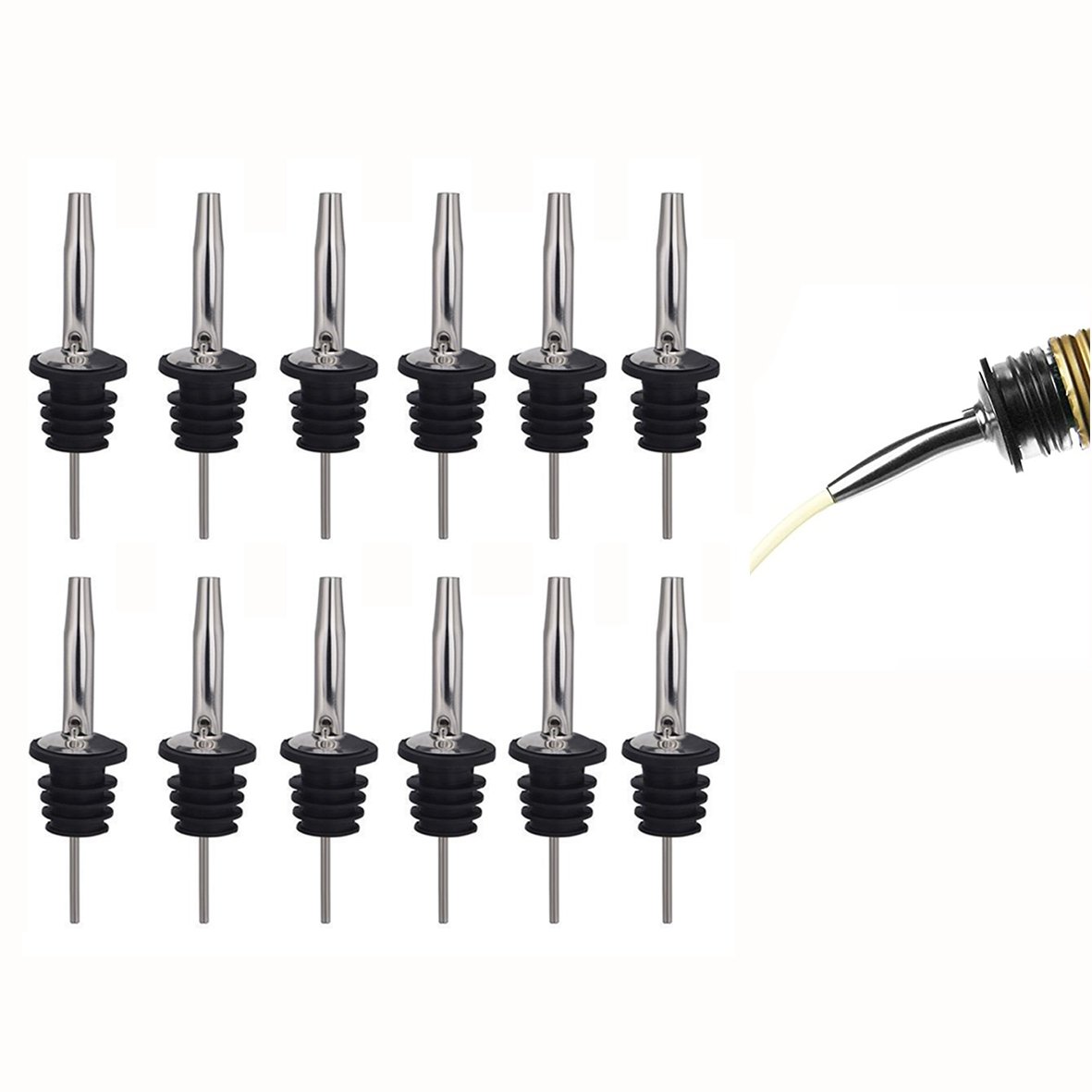 Gankarii Pack of 12pcs Stainless Steel Freeflow Pourer Spirit Pourer, Drinks Pourer, Oil Pourer, Bottle Pourer