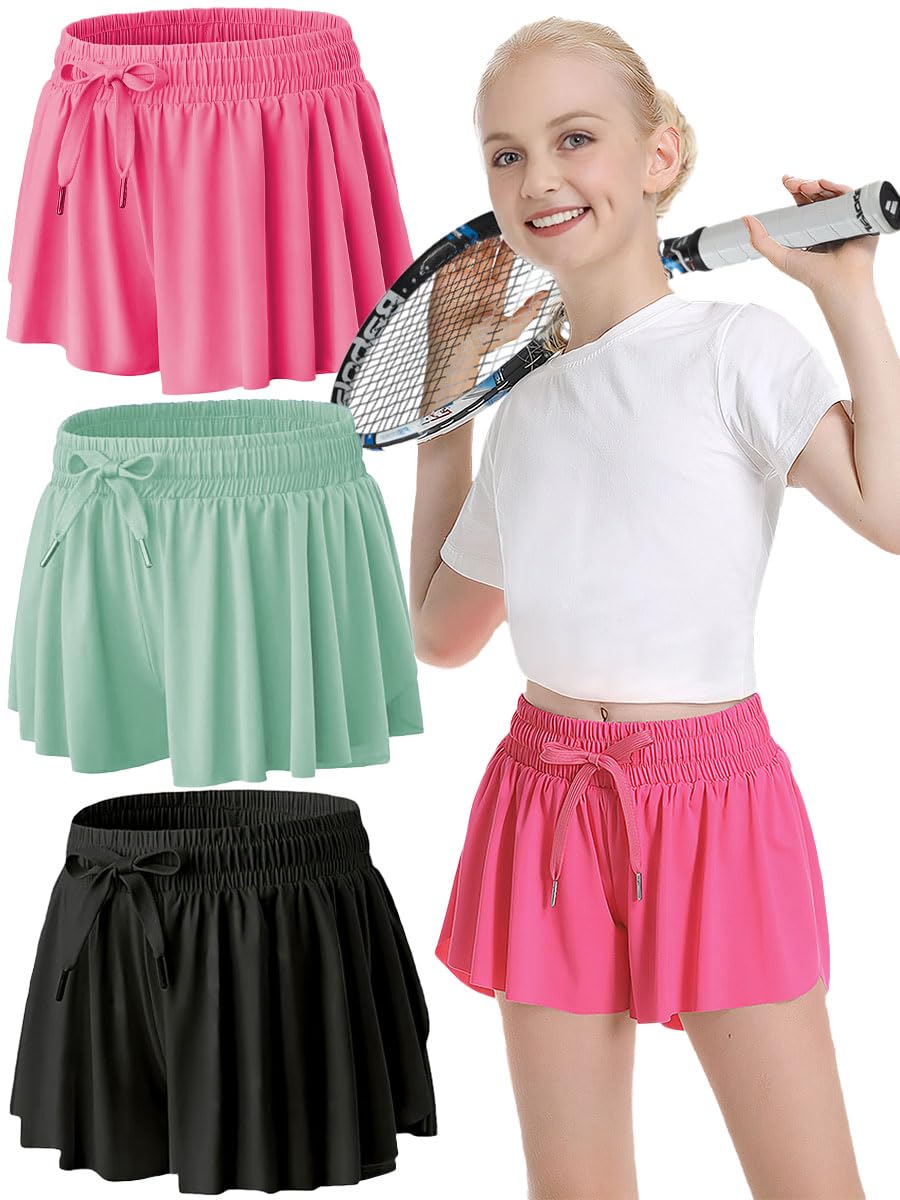 MODERN ASIR 3 Pack Girls Flowy Shorts with Spandex Liner 2-in-1 Youth Butterfly Skirts for Fitness, Running, Sports