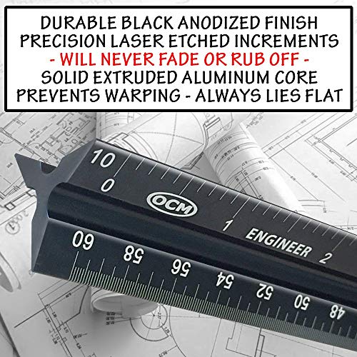 OCM 1 Laser Etched Engineer - 12 Inch Anodized Triangular Engineer Imperial Scale Ruler (Proffesional Grade Solid Extruded Aluminum) Imperial Scale Civil Engineering Architectural Drafting Ruler - Thumbnail 2