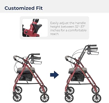 Drive Medical Aluminum Rollator Walker Fold Up and Removable Back Support, Padded Seat, 6 Wheels, Red