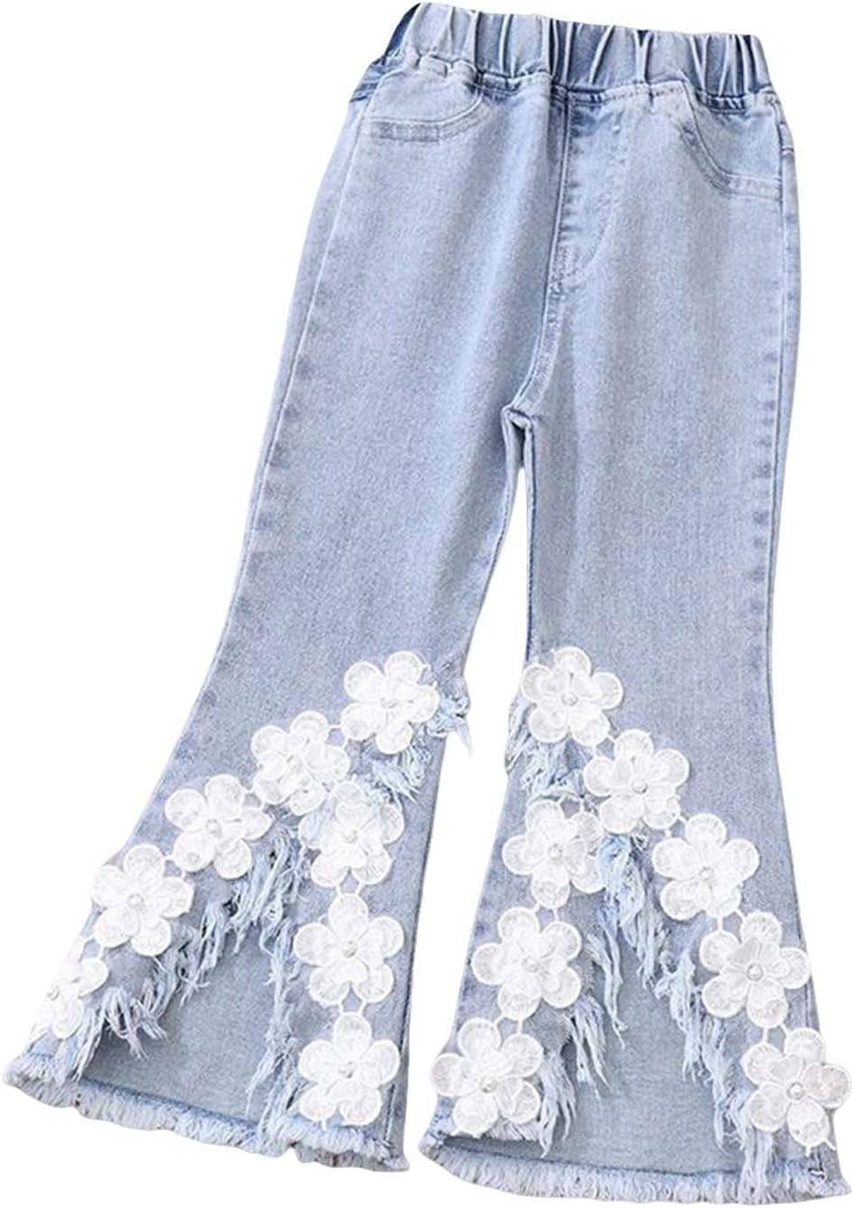 Kids Girls Ripped Flare Jeans Floral Bell Bottoms Elastic Waist Wide Leg Denim Pants Streetwear Street