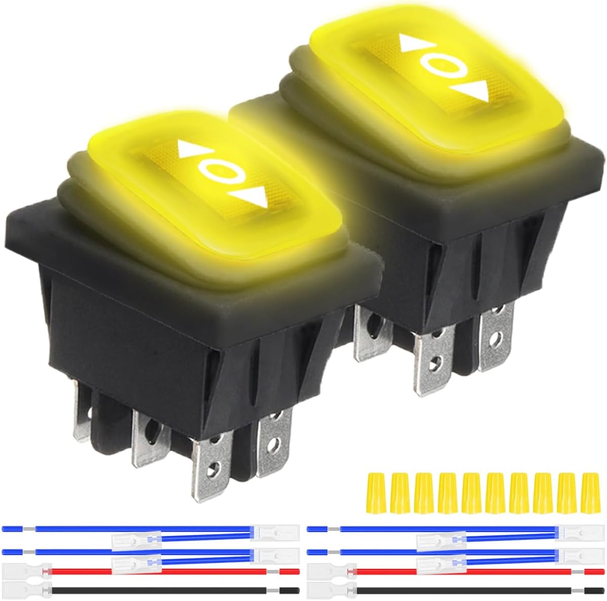 2Pcs Momentary Polarity Reverse Switch Waterproof Control Rocker Toggle Switch DC 12V 20A Yellow LED Light Illuminated 6Pin 3Position (ON)-Off-(ON) with Jumper Terminal Wires for Car Boat