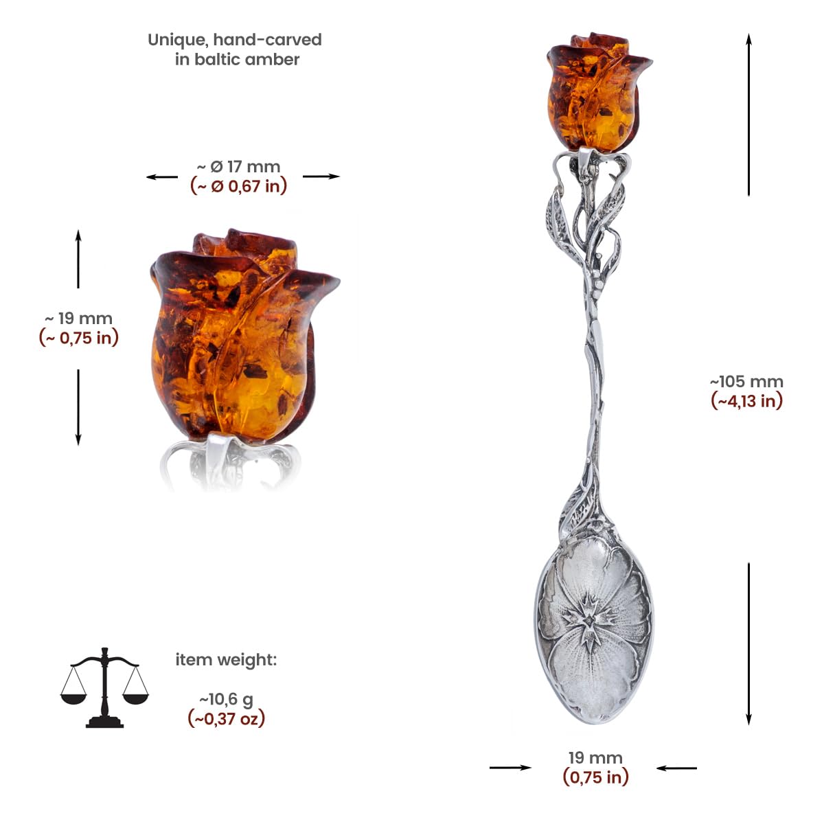 Silberlöffel mit bernsteinfarbener Rose in Cognacfarbe, Sterling Silber Oxidiert, L 10,5 cm