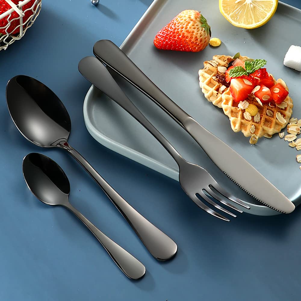 Zestaw sztućców, stal nierdzewna 48-elementowy zestaw sztućców dla 12 osób Sztućce Zestaw sztućców z nożem, widelcem, łyżką Elegancka zastawa stołowa do codziennego użytku/podróży Sztućce, czarne,