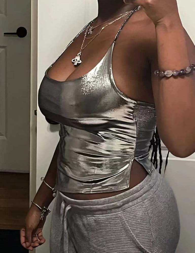 Shiny Metallic Halter Square Neck Going Out y2k Sexy