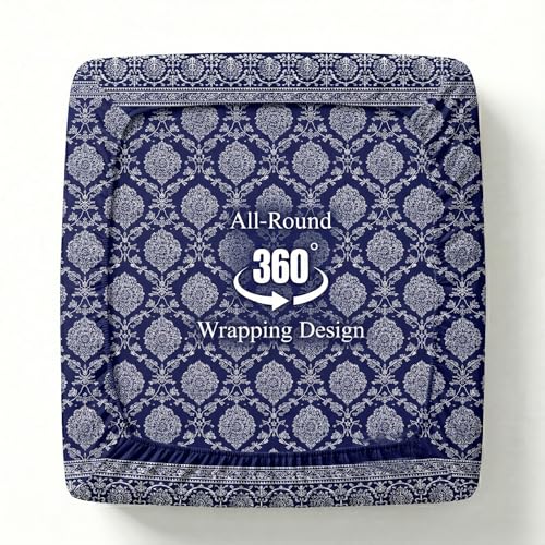 Image of VAS COLLECTIONS 180 TC Cotton Fitted Bedsheet Double Bed (72x78+8 Inches) with 2 Pillow Covers - Soft Breathable Skin Friendly Jaipuri Printed Elastic Fitted Bed Sheet, Indigo & Frost