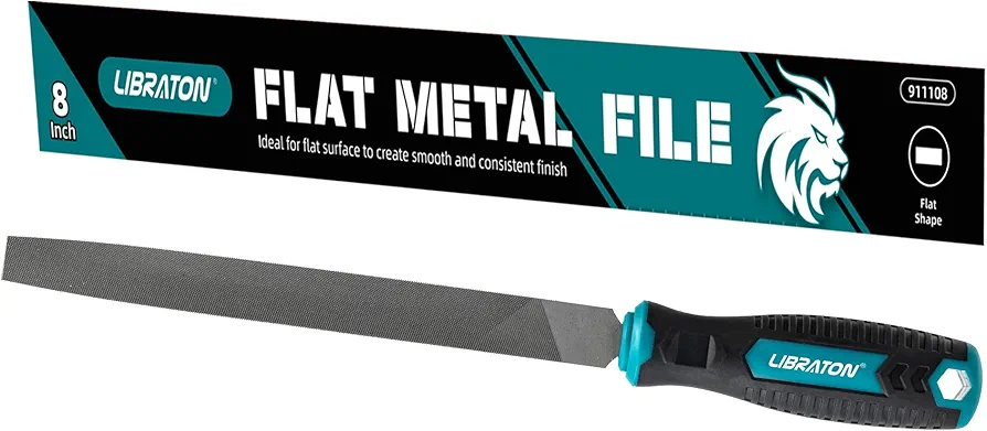 LIBRATON 8-Inch Flat Metal File, Metal File Tool, High Carbon Steel File with Ergonomic Handle, Hand File for Metal, Metalworking, Wood, Plastic, Flat File for Refining, Shaping and Scraping