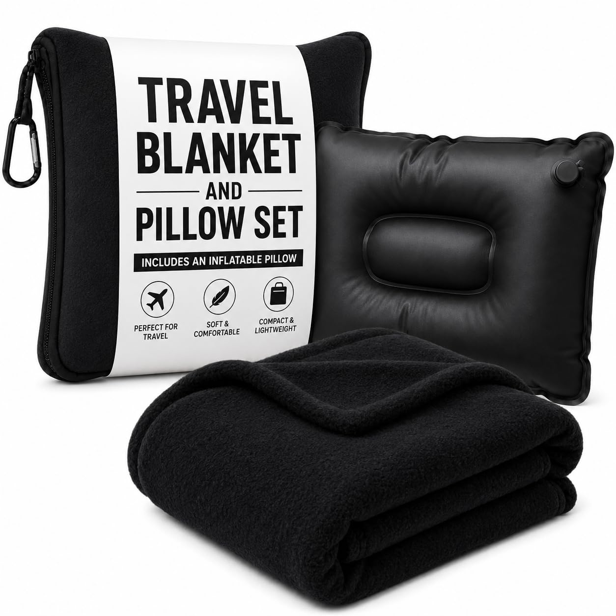 Dot&amp;Dot Travel Pillow and Blanket Set, 2-in-1 Airplane Travel Essentials with Soft Flannel Travel Blanket, Inflatable Pillow, Compact Carry Bag with Carabiner for Flights, Camping, Cruise Ship, Car