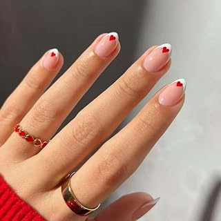 24Pcs Valentines French Tip Press on Nails Short Almond Red Heart Fake Nails Romantic Glue on Nails Holiday Acrylic Nails for Women Valentines Nail Decoration for Women Gift