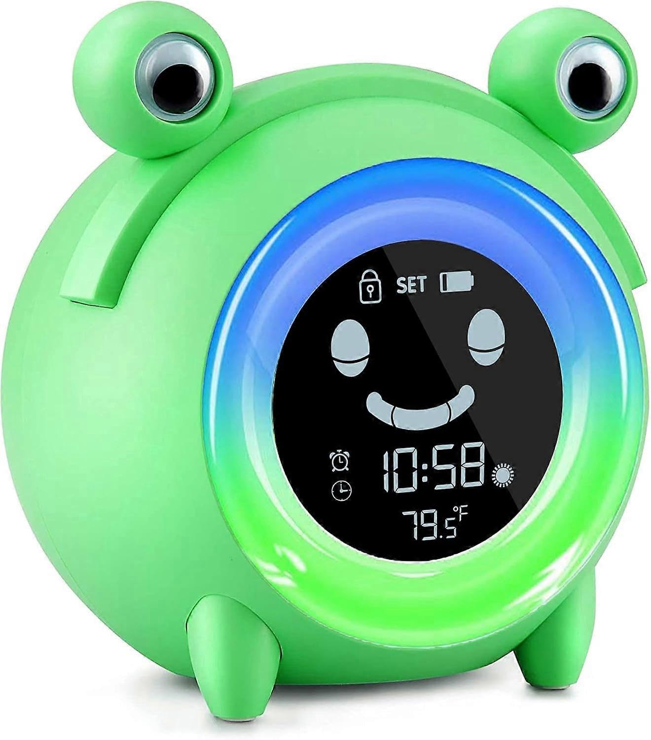 JOYHAPPST Kids Alarm Clock, Cute Frog Alarm Clock for Kids Bedroom, Toddlers Sleep Training Clock with Night Lights, Sound Machine, Indoor Temperature, Digital