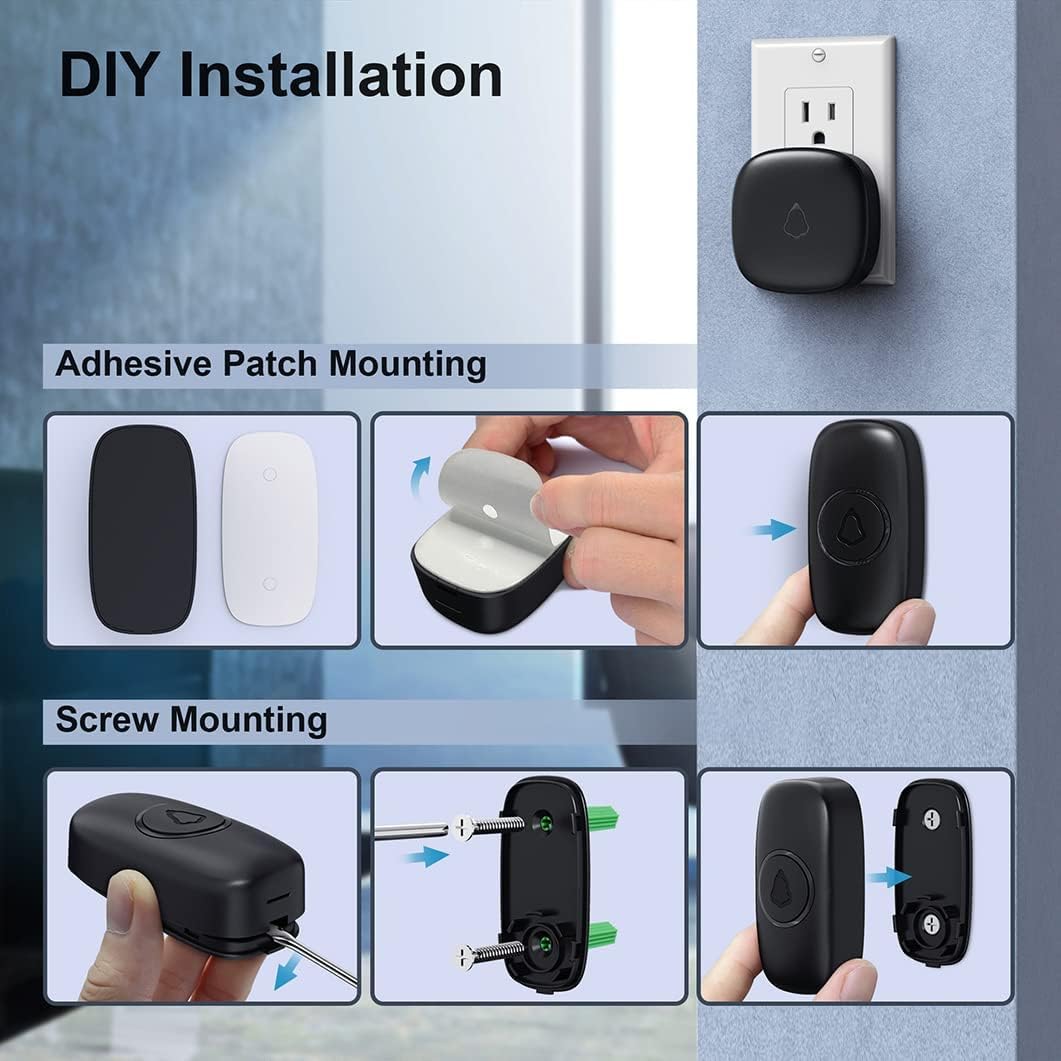 SECRUI Wireless Doorbell, Waterproof Mini Doorbell 1,000ft Range 110dB Mute Mode 58 Door Chimes & Colorful LED Flashing - Black