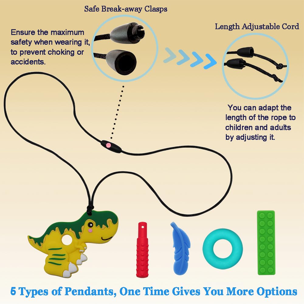 Chew Necklaces for Sensory Kids, Chewy Necklace Sensory Boys Girls with Autism, ADHD, SPD, Chewing, Teething, Silicone Chew Toys for Kids Therapy Tools Reduce Fidgeting Anxiety 5 Pack
