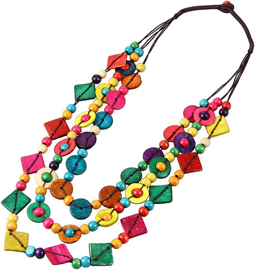 COLORFUL BLING Ethnic African Wood Bead Statement Pendant Collar Layered Long Strand Chunky Coconut Shell Geometric Choker Bib Necklace Bohemian Jewelry