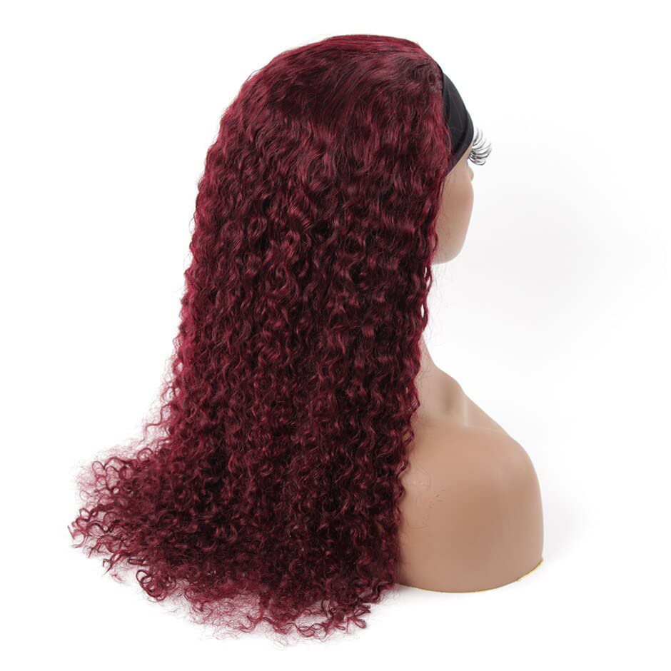 Image of XSY 99J Burgundy Headband Wig Deep Wave Human Hair Wigs 150% Density Red hair Half Wigs For Black Women Glueless None Lace Front Wigs With Headband Attached (10 Inch)