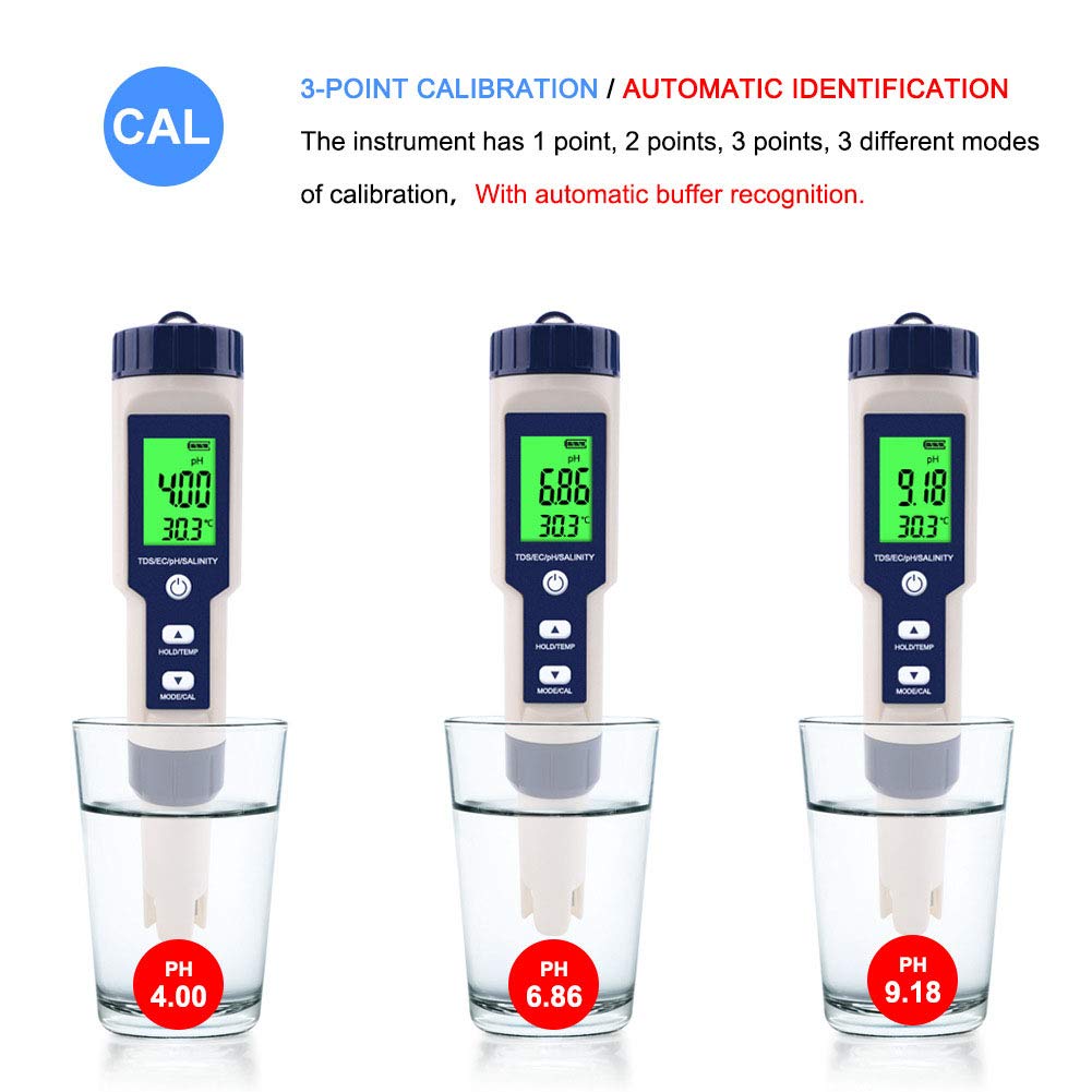 Tester di qualità dell'Acqua, Portatile 5 in 1 Misuratore di Test di qualità dell'Acqua Tester PH PH di Salinità TDS con Retroilluminazione per Acqua Potabile Piscina Lavorazione Alimentare