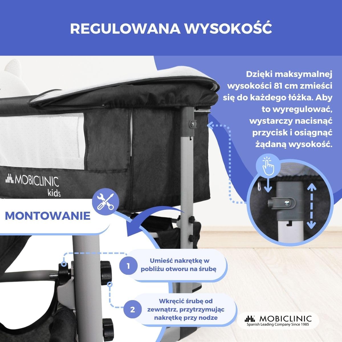 Mobiclinic®, Łóżeczko Nocne 3 w 1, Regulowana Wysokość, Materac, Moskitiera, Kółka 360°, Paski, Kosz do Przechowywania, do 20 kg, Czarne
