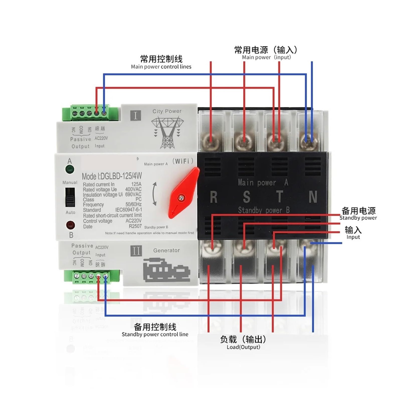 Timer 2/4P, 220 V Dual Power, automatyczny przełącznik, pilot zdalnego sterowania, generator 125 A