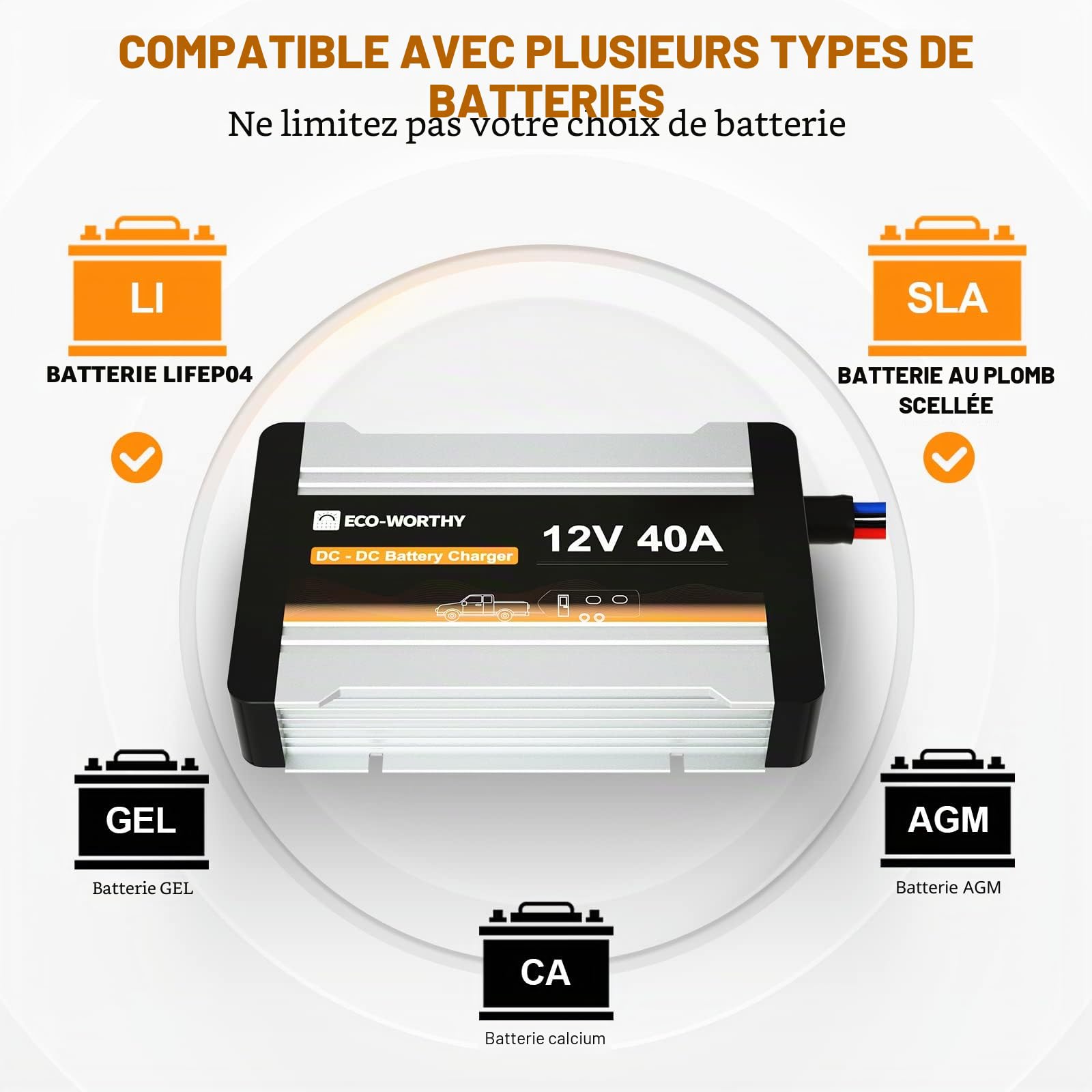 Chargeur de batterie ECO-WORTHY 12 V 40 A CC vers CC avec chargeur solaire MPPT intégré LiFePO4 Gel AGM, charge multi-étapes pour alternateur de panneau solaire