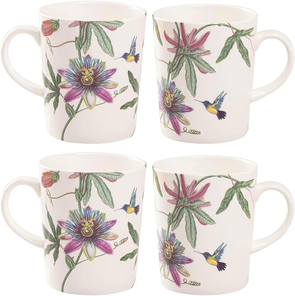 Gracie Bone China Roses Hummingbird Garden, Set of 4 Mugs, 12-ounce