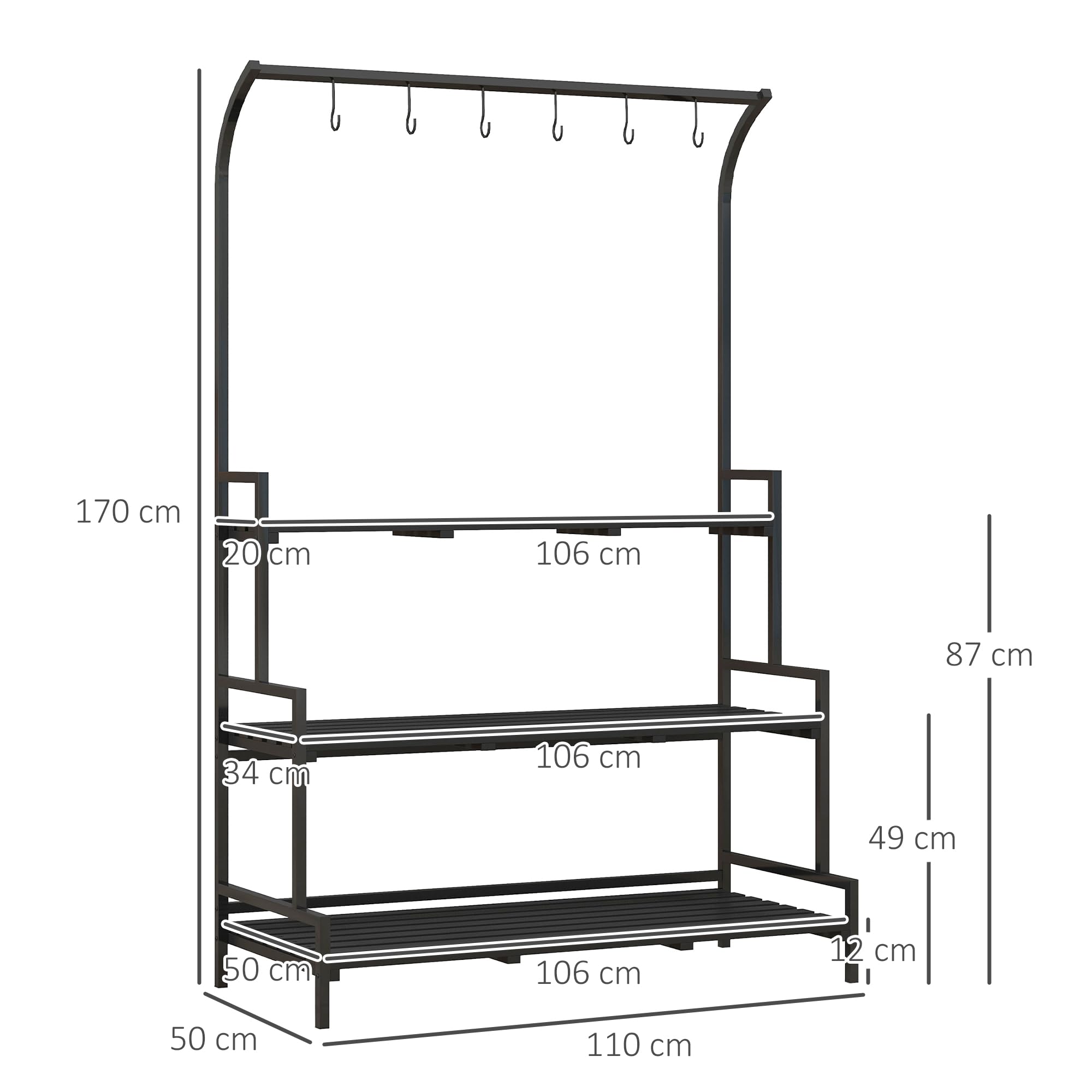 Outsunny Support pour plantes à 3 niveaux, étagère à fleurs avec 6 crochets, escalier pour plantes, étagère pour jardin, acier, noir, 110 x 50 x 170 cm