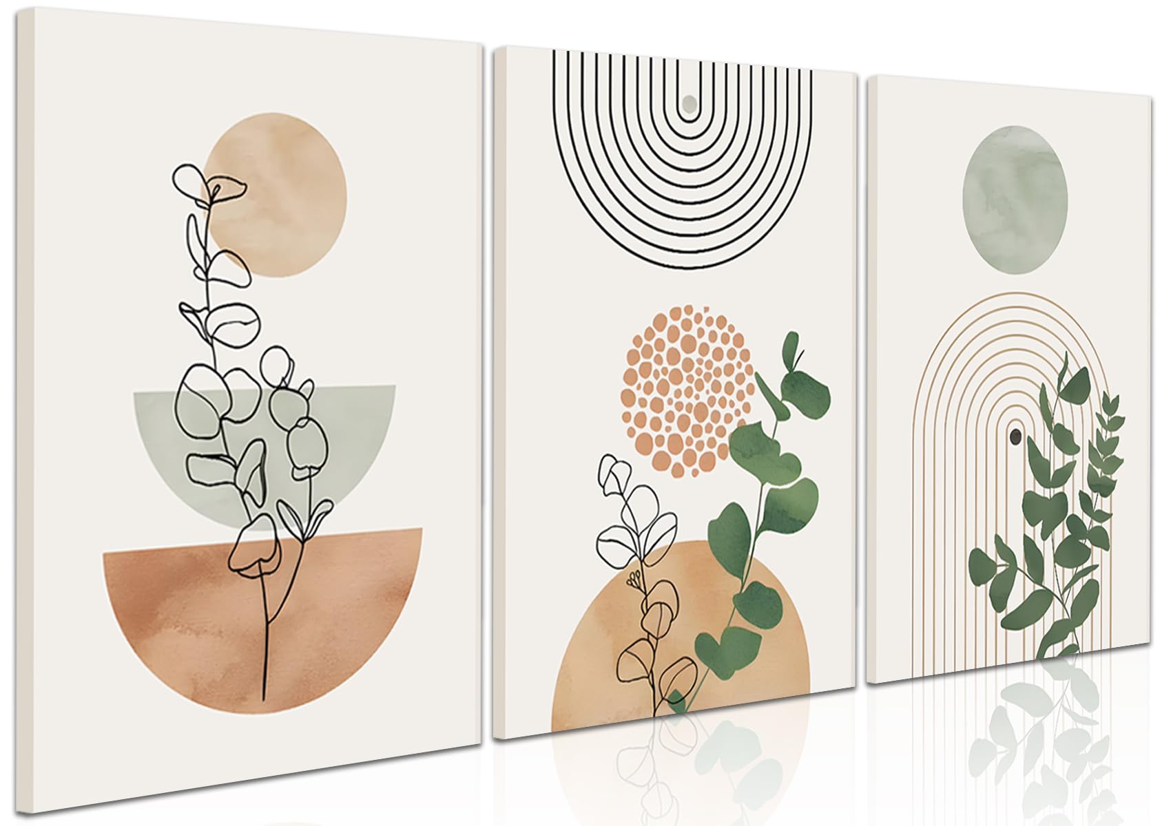 Set Di 3 Stampe Su Tela Boho - Quadri Geometrici Botanici Con Linee, Design Minimalista - Verde Salvia, 30x40 Cm - 5