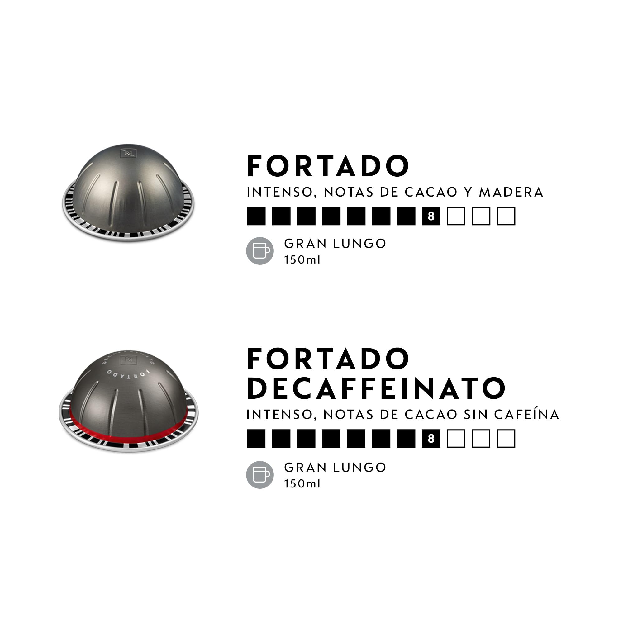 Pack de 100 cápsulas de café Fortado y Fortado Decaffeinato Nespresso Vertuo